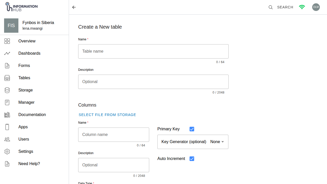 The create table dialog