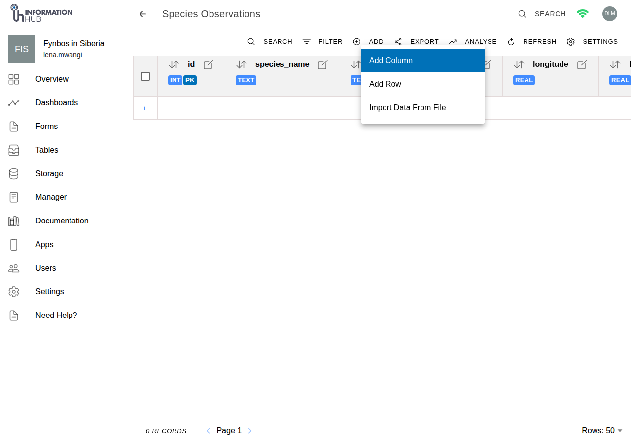 The ADD dropdown menu