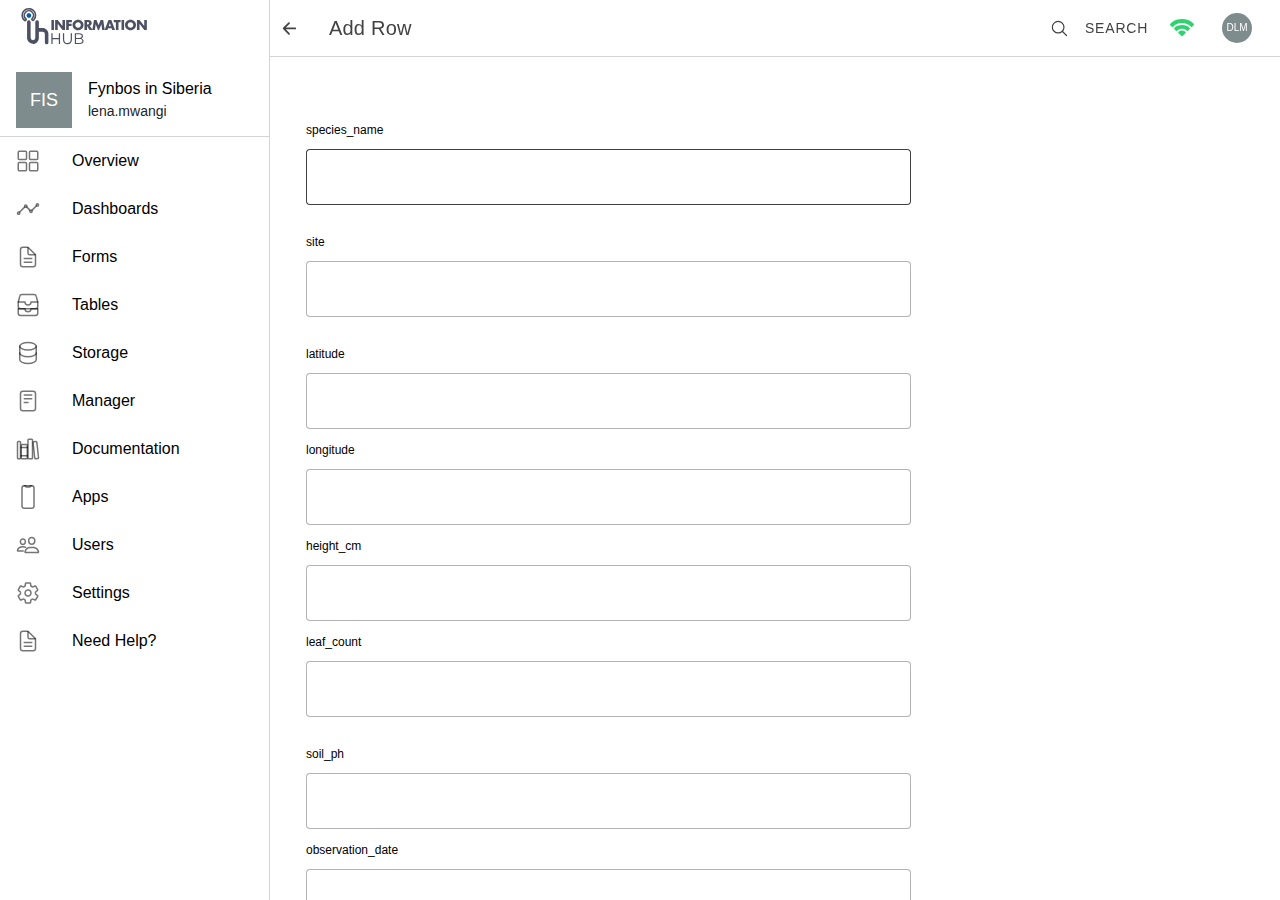 The add row form