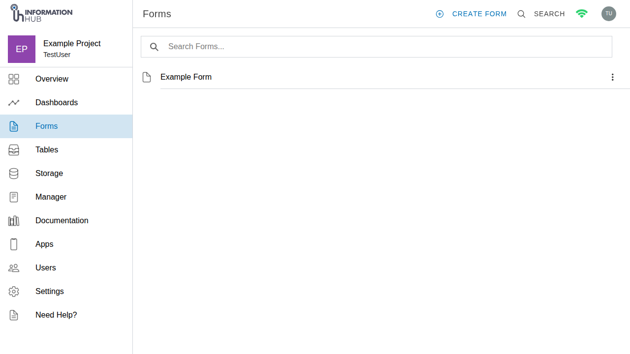 The forms list in a project