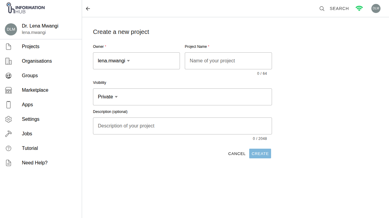 The create project dialog